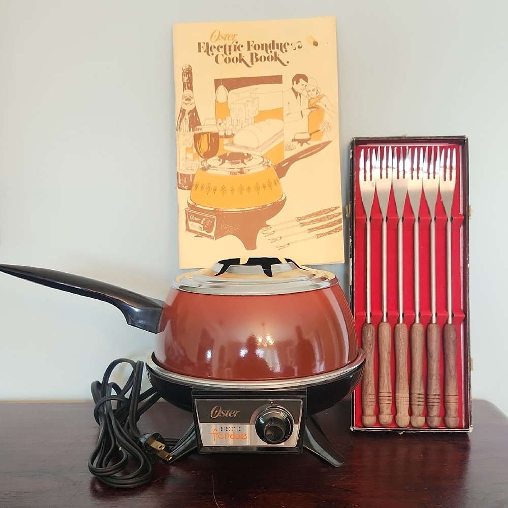 Vintage Oster Electric Fondue Pot+Fork Set + Original Box + Reciepe Book